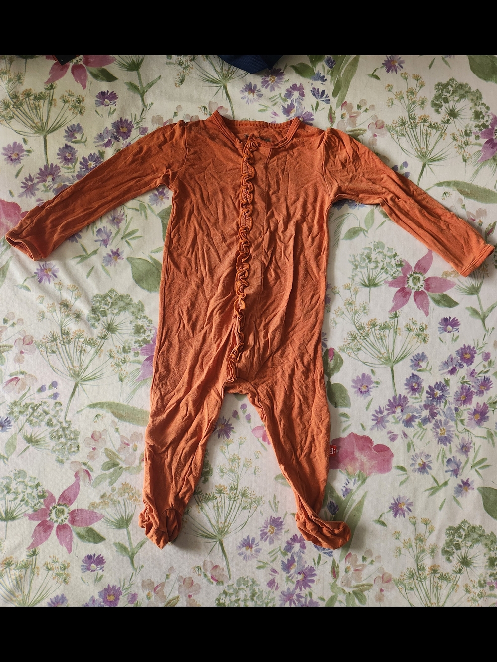 Magnetic Me Floral & Rust Ruffle Footed One-Piece Set - Picture 3 of 13